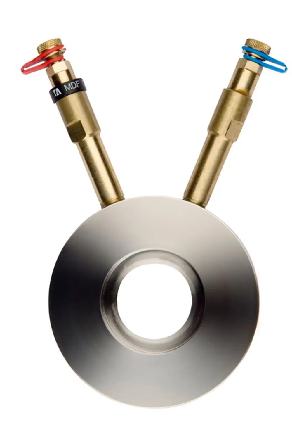 Messblende mit zwei Anschlüssen, die von IMI Hydronic Engineering produziert wird. Das Produkt hat eine runde Form mit einem zentralen Loch und zwei seitlichen Kugelhähnen.